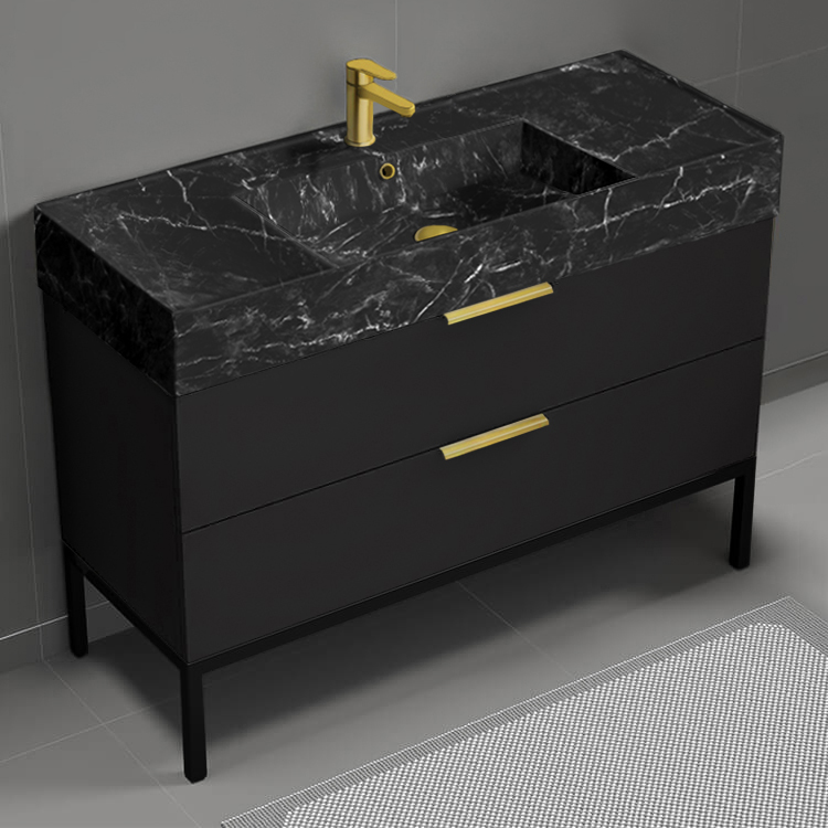 Nameeks DERIN928 48 Inch Bathroom Vanity With Black Marble Design Sink, Free Standing, Matte Black